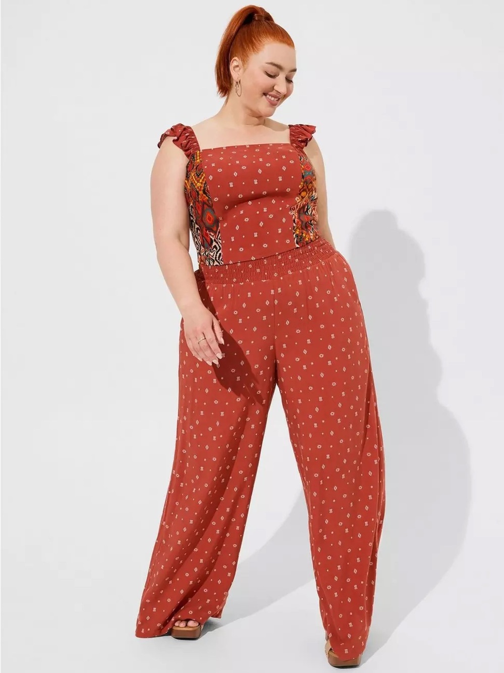 🧩 TORRID NWT CHALLIS SMOCKED RUFFLE CROP TOP & Matching wide leg pants size 1